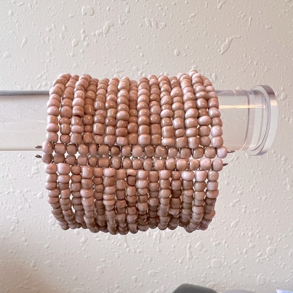 Handmade Beaded Bohemian Stacked Open Cuff Bracelet in Neutral Beige Shades ~ 2” - Picture 4 of 7